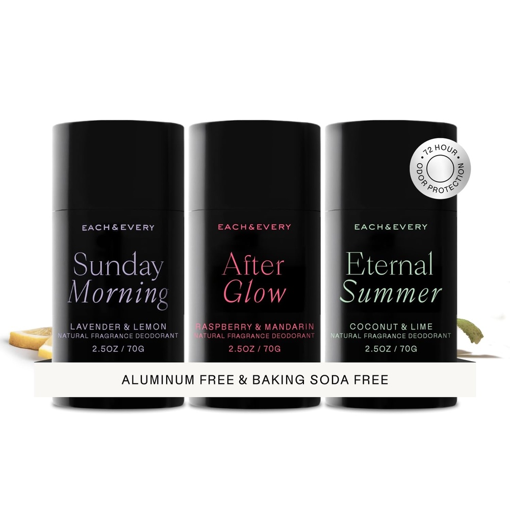 image:imageEach amp Every Aluminum Free Deodorant for Women amp Men Natural Fragrance All Day Odor Protection NonToxic Deodorant for Sensitive Skin EWG Verified Baking Soda Free Multiple Scents 3 Pack 25ozAfter Glow Sunday Morning Eternal Summer